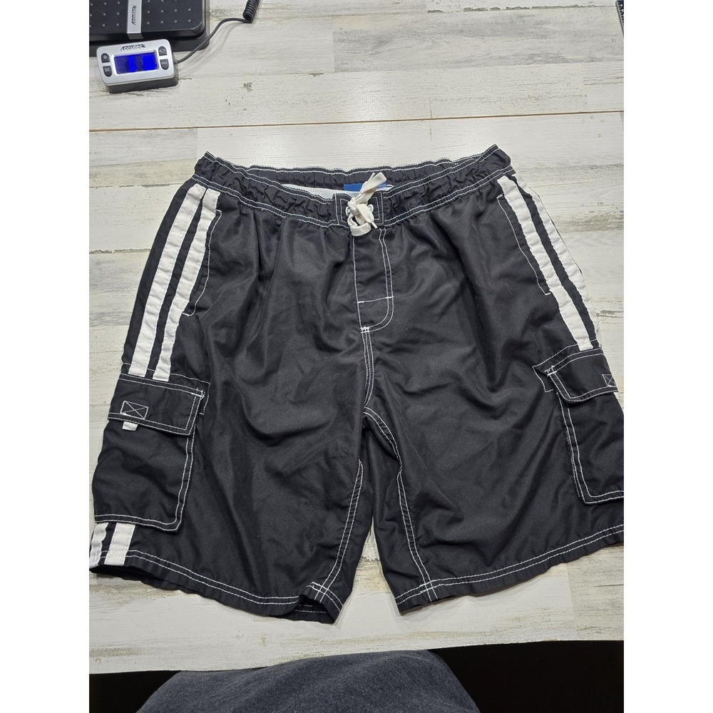 Kanu Surf Mens Black White Striped Cargo Board Shorts Swim Trunks XL Mesh Liner